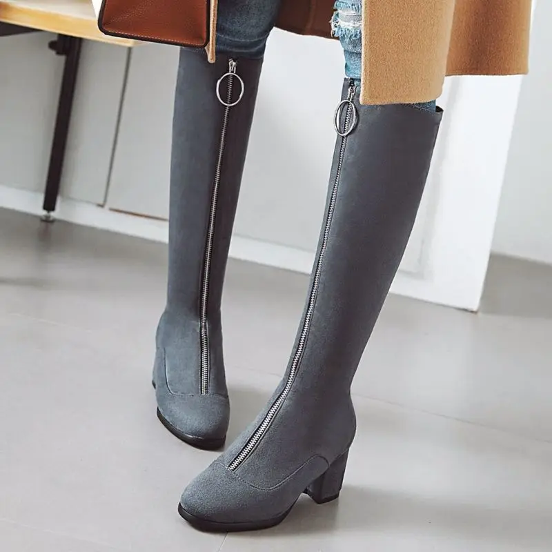 RizaBina/Сапоги до колена Женская модная теплая зимняя обувь на меху с молнией спереди Женские повседневные замшевые сапоги на высоком каблуке; большие размеры 34-45