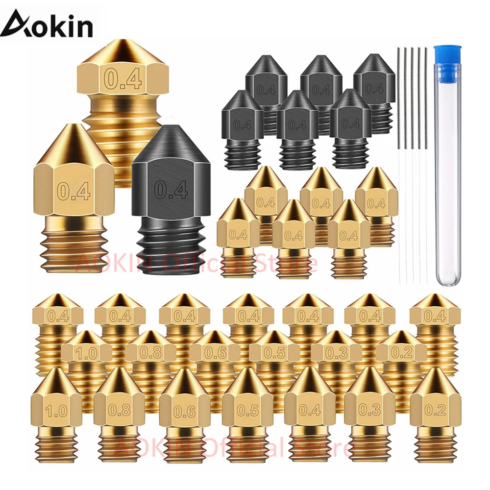 Aokin 40PCS 1.75mm 3D Printer Nozzle 7PCS MK8 Hardened Steel Nozzles 14PCS Brass Nozzles 14PCS V5/V6 Nozzles 5PCS Clean Needles 3d printer parts e3d v6 hardened steel nozzles 0 2 0 3 0 4 0 5 0 6 0 8mm 1 75mm m6 thread nozzle for prusa i3 cr10 ender 3 pro