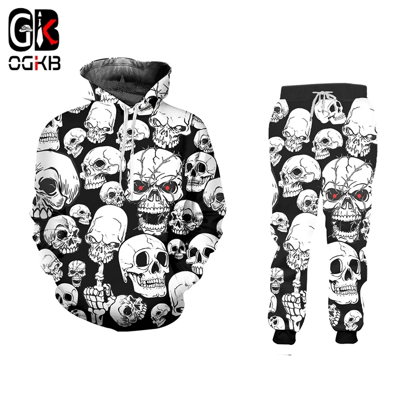 Mens Set Tracksuits Skull Streetwear OGKB Sweatshirt Hoodie Pants Jogger Hip-Hop And