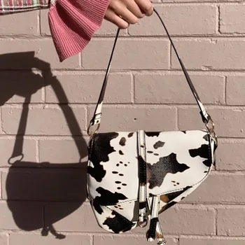 

Vintage Small Cow Print Bag Women Tote Unique Shape Saddle Handbag Luxury Design Shoulder Bag Lady Retro Hand Bag For Women 2020