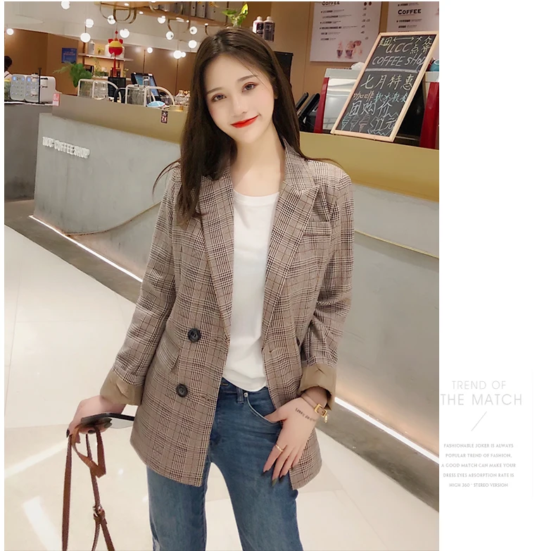 Womens Blazers Check Suit Jacket Woman Spring and Autumn New Korean Long Loose Slim Casual British Style Suit Jacket Woman