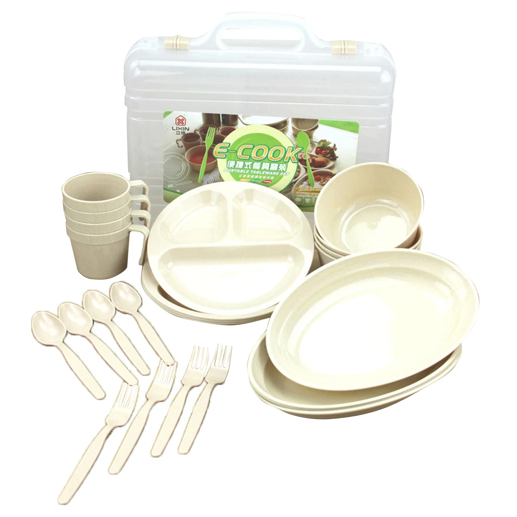 24pcs/Set Picnic Camping Outdoor Plastic Reusable Tableware Dishes Kit