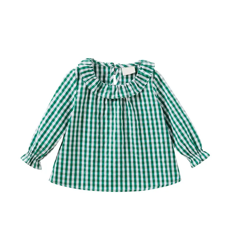 Милая клетчатая одежда с круглым вырезом для девочек; теплые хлопковые топы с длинными рукавами; блузка для маленьких девочек - Цвет: Зеленый