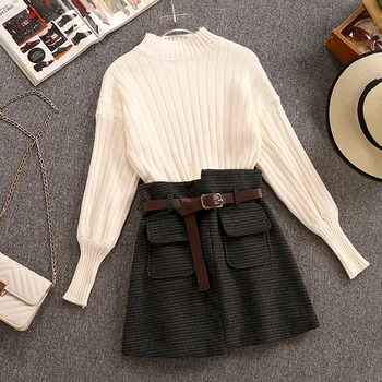 

Autumn and Winter Women Slim Sweater Plus Woolen Skirt Two-piece