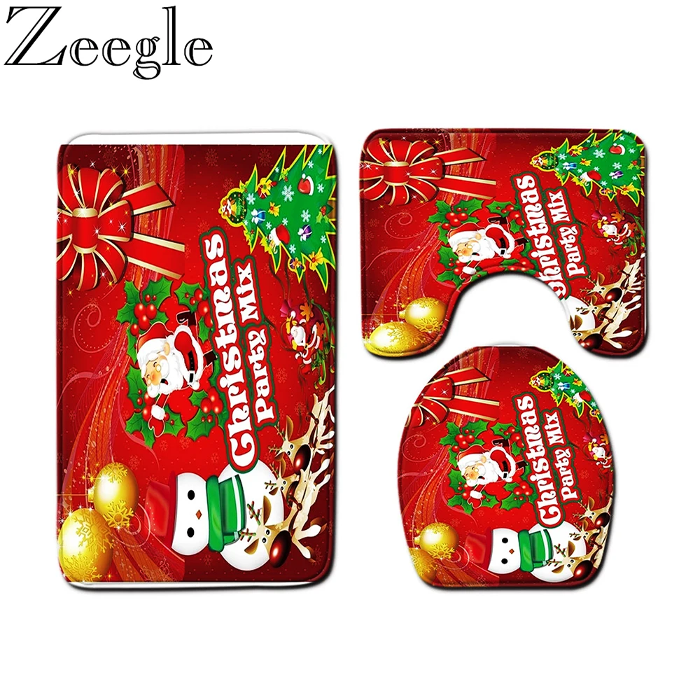 Merry Christmas Bathroom Mat Non-Slip Bathroom Carpet Toilet Seat Cover Mat Washable Bath Mat Absorbent Foot Mat