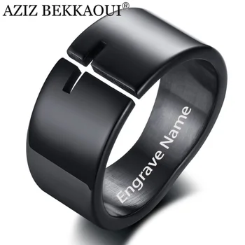 

AZIZ BEKKAOUI Simple Style Stainless Steel Jewelry Engraved Name Cross Men's Ring Black Tone Fashion Rocker Cool Punk Male Ring