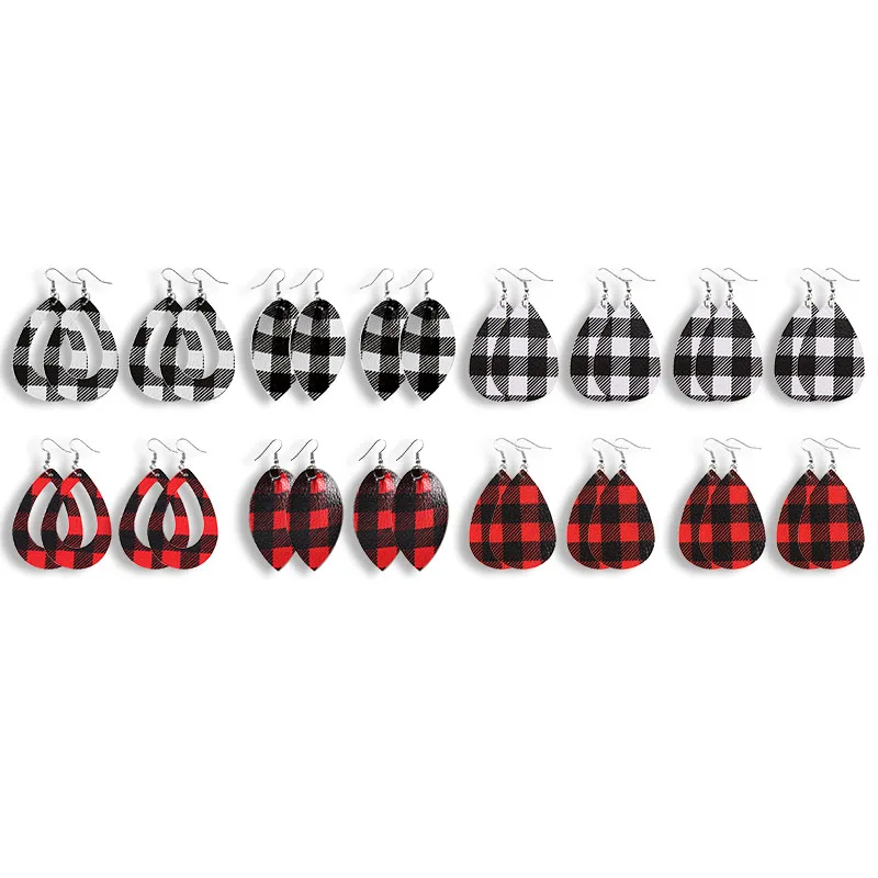 8 пар женских кожаных сережек Buffalo Plaid Brincos красный и черный капли воды Серьги Каплевидные модные кожаные серьги - Окраска металла: 16 pairs