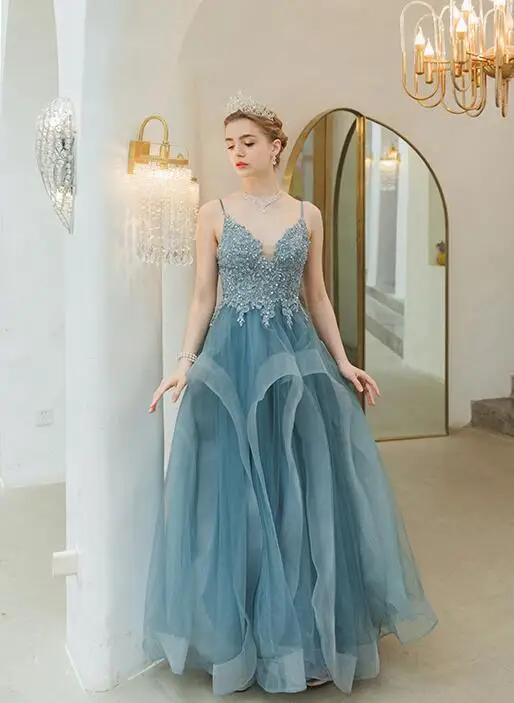 Same As Picture Романтическое синее платье для выпускного вечера A-Line vestidos de gala Спагетти ремни стильная Фея Длинные вечерние платья прогулки рядом с вами - Цвет: Same As Picture