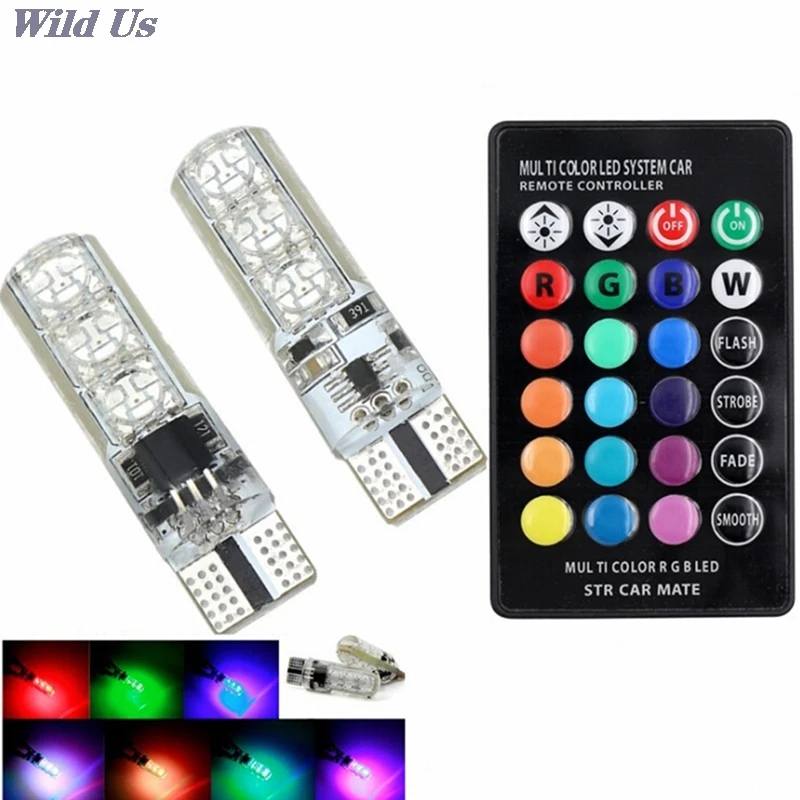 Автомобильные светодиодные лампы RGB T10 2 шт./Лот 12 В T10/192/W5W с пультом