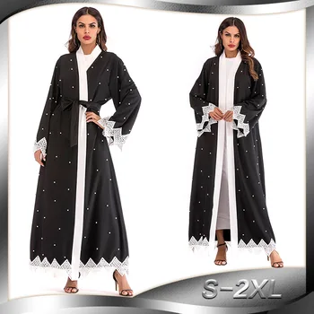 

2019 Muslim Style Elegant Stitching Long Sleeves Band Width Loose Temperament Bead Cardigan Robes for Woman