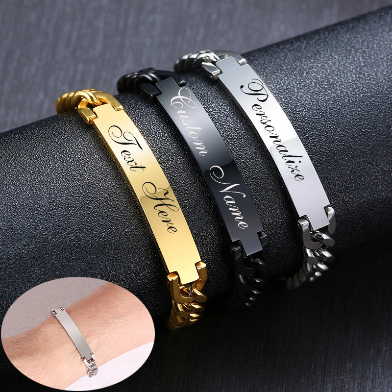 Основные мужские браслеты из нержавеющей стали 9 мм, идентификационные бирки, персонализированное имя, изображение, хорошие подарки для него, ювелирные изделия на заказ