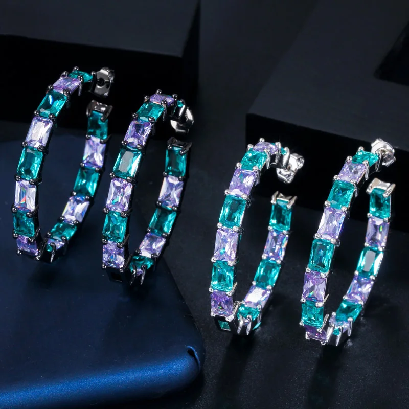 CWWZircons Luxury Designer Brazilian Black Gold Bamboo Big Circle Round Blue CZ Crystal Hoop Earrings Jewelry for Women CZ620