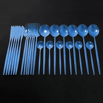 

24pcs Shiny Blue Dinnerware Set 304 Stacnless Steel Cutlery Set Dinner Golden Knife Fork Spoon Tableware Wedding Silverware set