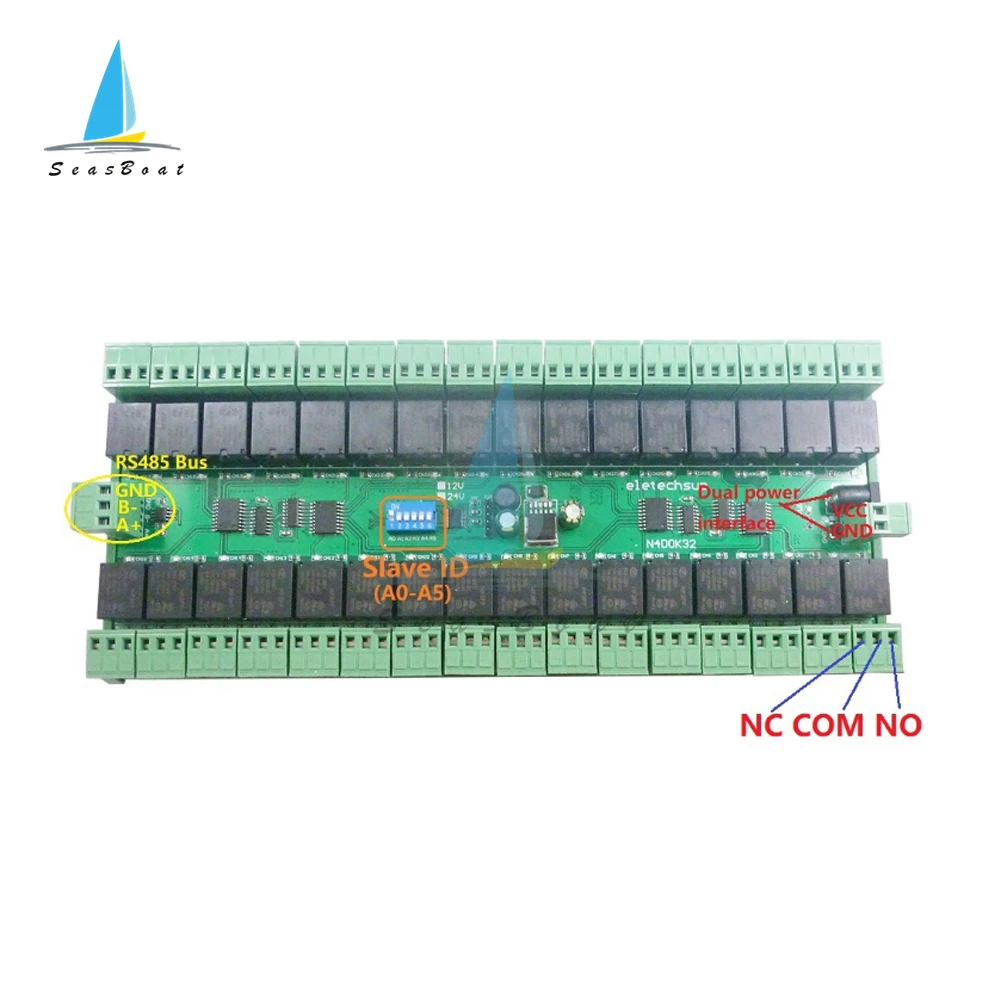 12V 24V 32 채널 릴레이 모듈 DIN 레일 RS485 릴레이 스위치 보드, RTU 프로토콜 arduino용 원격 제어 PLC 확장 보드