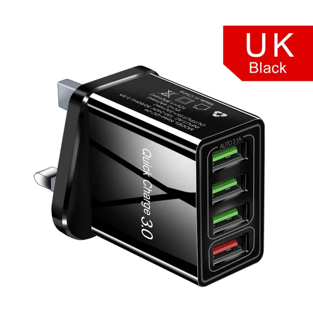 GTWIN Быстрая зарядка QC 3,0 4 порта USB зарядное устройство USB зарядка для мобильного телефона для iPhone samsung Xiaomi быстрое настенное зарядное устройство настенный адаптер - Тип штекера: UK Black