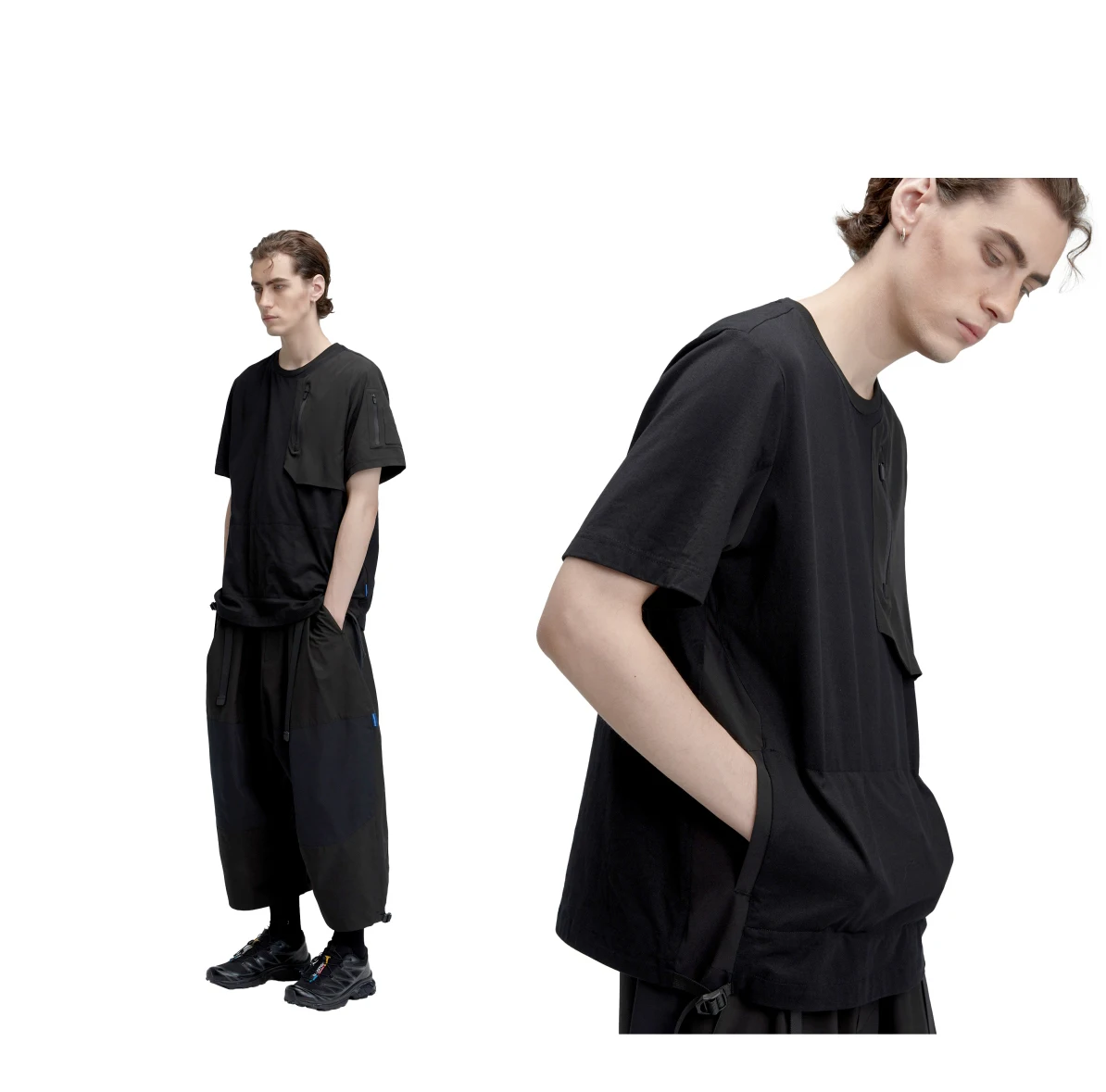 Reindee Lusion Recycled fabric short-sleeved cotton T-shirt split joint arm pocket polyester techwear ninjawear