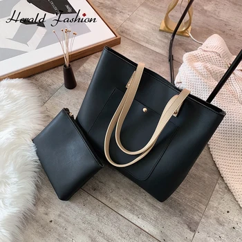 

2Pcs Women's Bag Set Bag Fashion PU Leather Ladies Handbag Solid Color Messenger Bag Shoulder Wallet Bags For Women 2020 New