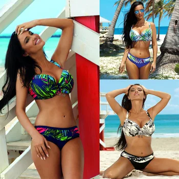 

2020 Women Leaves Print Bikini Set Push Up Padded Bra Beach Swimsuit Bathing Suit Swimwear Swimming Suit Brazilian Biquini
