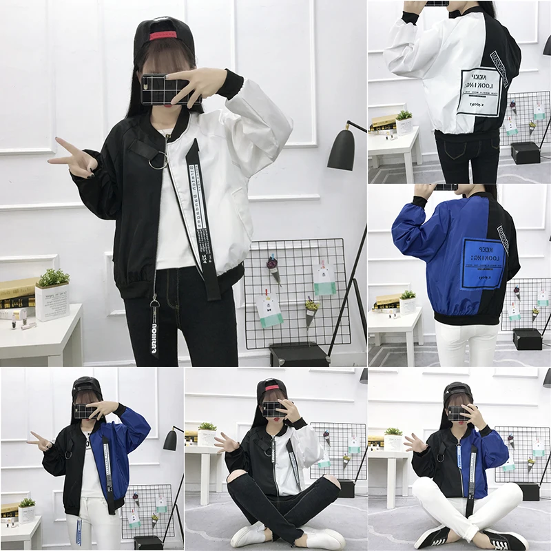 

Autumn Winter Loose Harajuku Matching Baseball Uniform Women Outerwear Long Sleeve Zipper Patchwork Jacket Female Coat