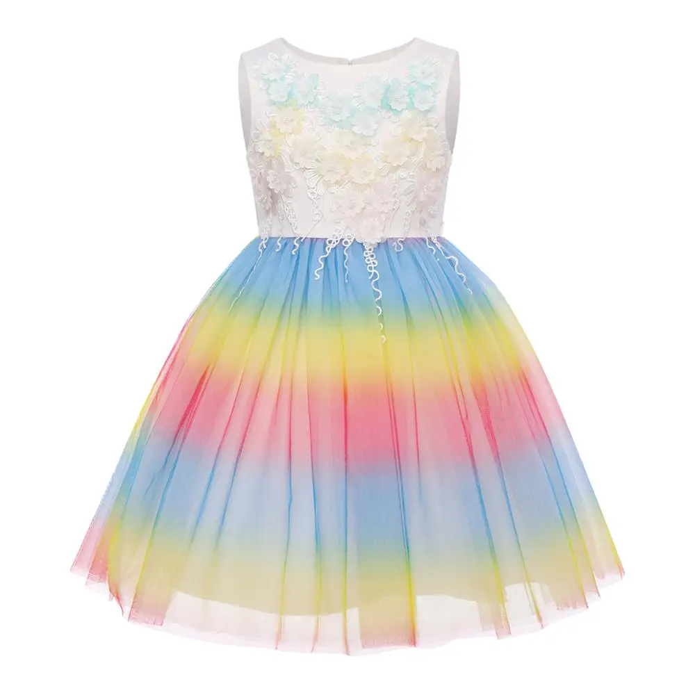 Радужное платье с единорогом; милое детское бальное платье без рукавов для девочек; платье с фатиновой юбкой; Модные Вечерние Платья с цветочным принтом и единорогом на Хэллоуин; нарядное платье