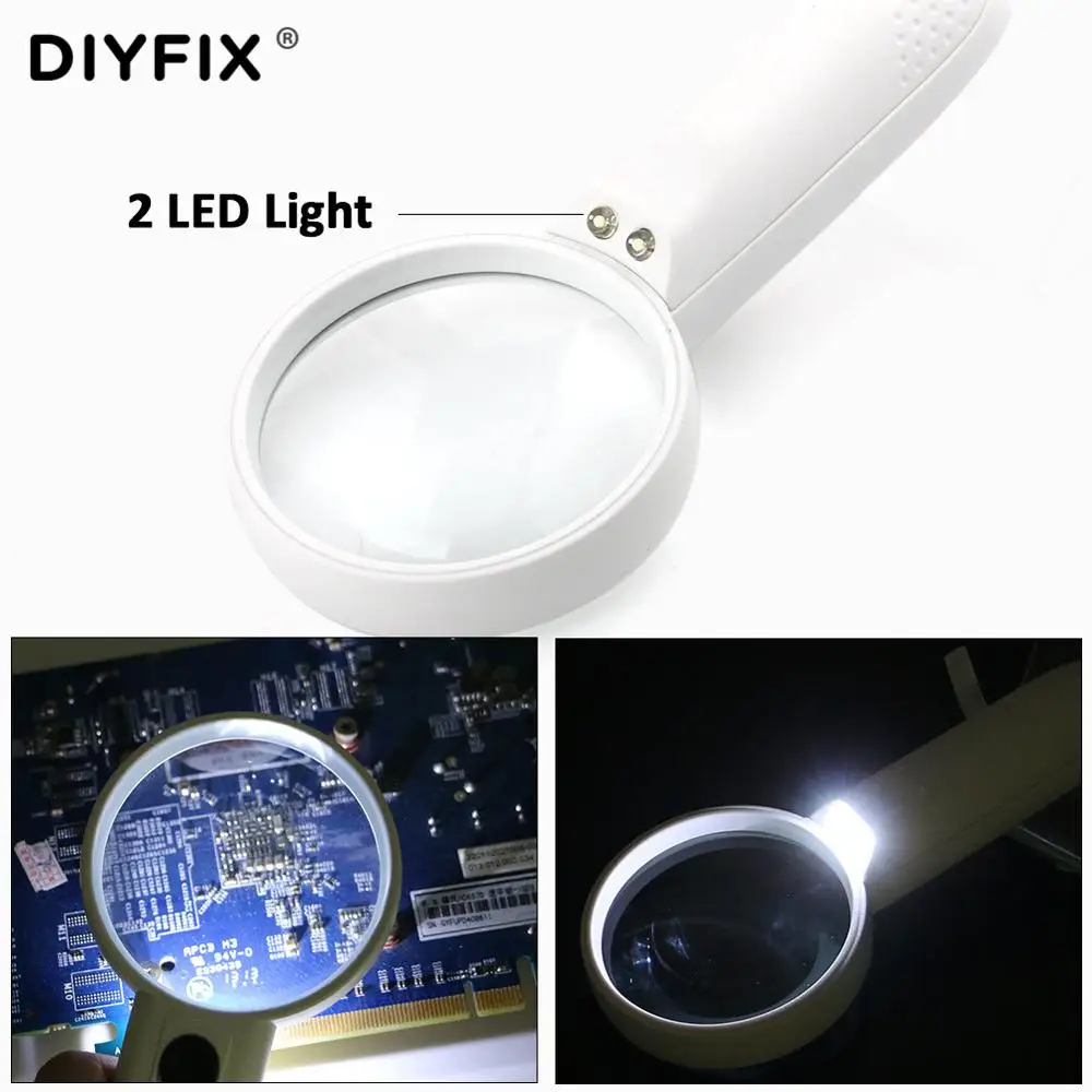 DIYFIX 4X Оптическая лупа ручная для чтения увеличительное Оборудование для ремонта часов и ювелирных изделий с Стекло с 2 светодиодный свет эргономичная ручка(аккумуляторы в комплект не входят