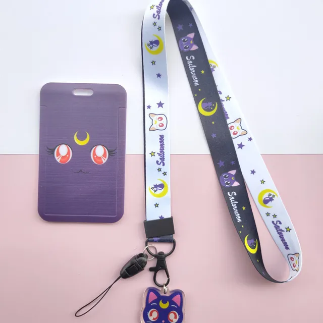 Anime Kawaii Cartoon Moon Cat Lanyard Wristband Credit Card ID Holder Bus Pass Staff Name Tag Badge Holders for Girls D