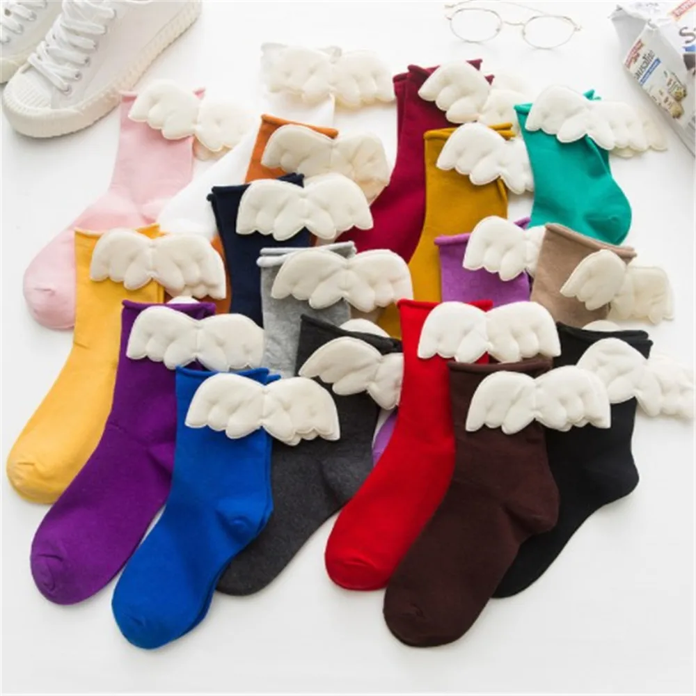 

New Solid Color Autumn Socks Cute 3D Big Wings Sweet Students Socks Female Socks New Arrival