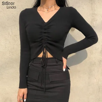 

Sisterlinda Cotton V-Neck Sexy Crop Tops Women T-Shirts 2019 New Fall Winter Fashion Elegant Ladies Full Sleeve Draped Teeshirt