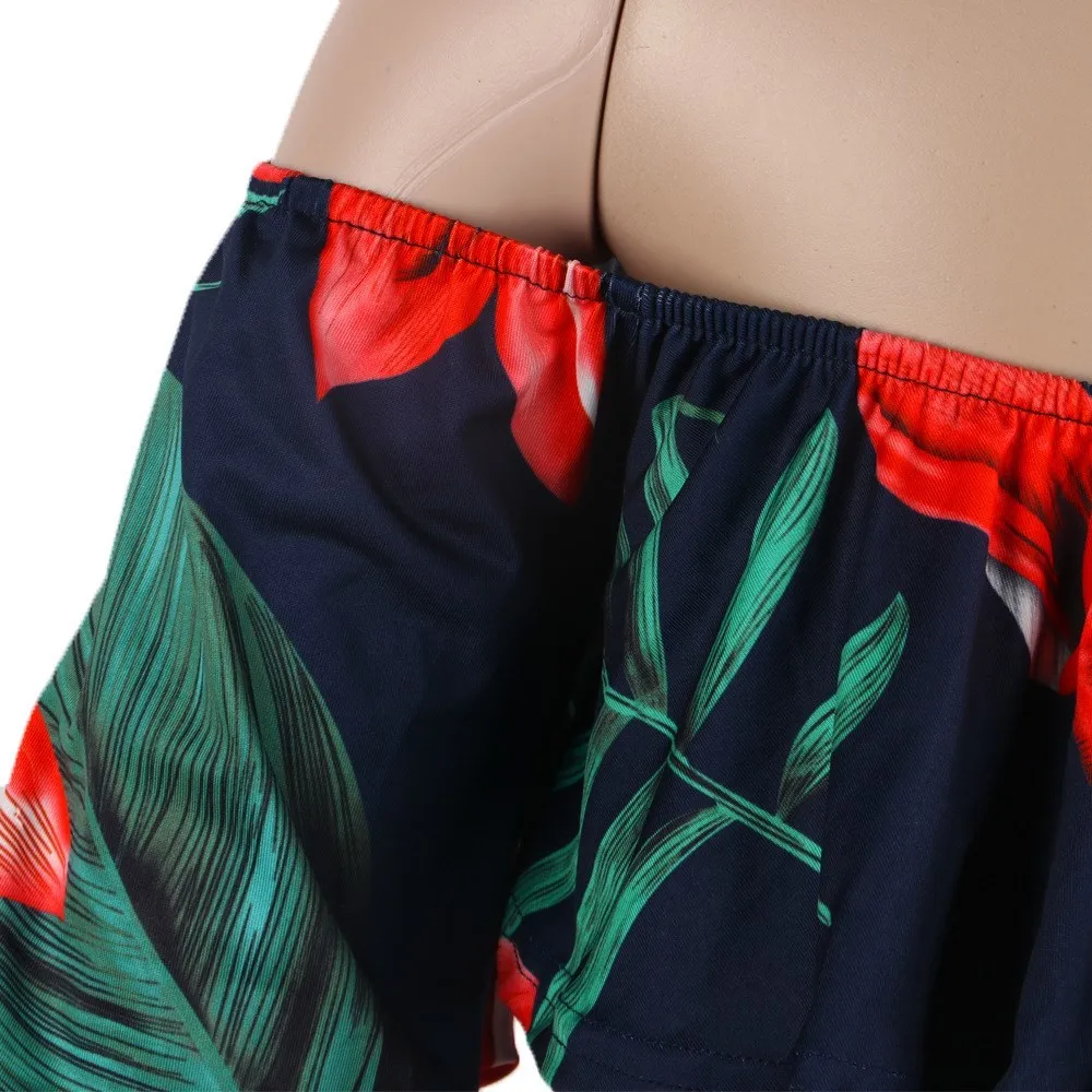 Women Sexy Slash Neck Ruffles Bohemian Rompers One Piece Floral Print Jumpsuit Off Shoulder Short Beach Overalls
