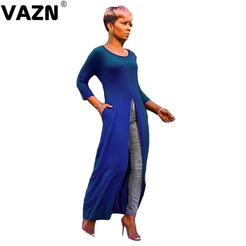 VAZN AWN5051, одноцветные,, модные, сексуальные, женские, асимметричные, Длинные Топы, сексуальные, женские, с круглым вырезом, с длинным рукавом, повседневные, открытые футболки, топы