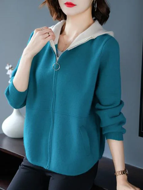 Women Sweater With A Hood New Arrival Autumn And Winter Zipper Pocket Female Knitted Cardigan Fashion Coat Hot Sale A09 - Цвет: blue green