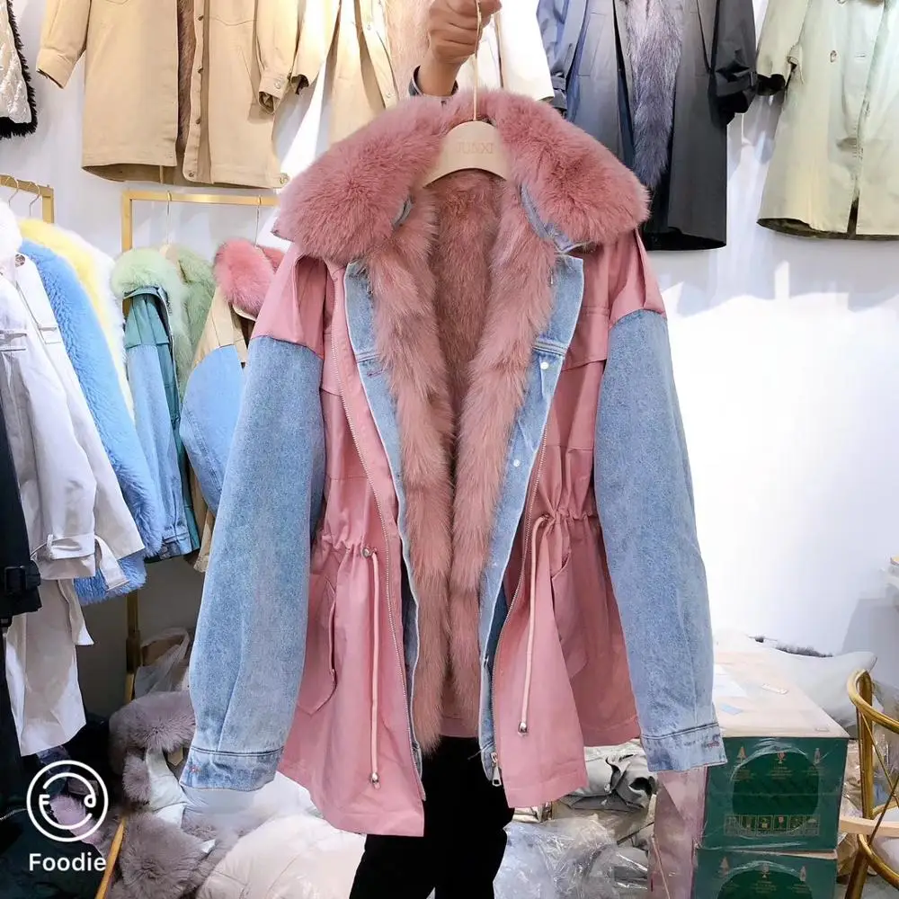 Зимнее женское пальто с натуральным мехом, парка деним с мехом, куртки с натуральным лисьим мехом, пальто с воротником и подкладкой, новинка, модная Корейская Роскошная cl - Цвет: Pink