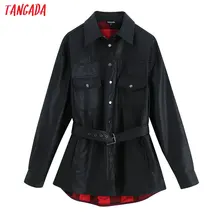 Tangada Женская куртка из искусственной кожи пальто с поясом отложной воротник дамы длинный рукав зима уличная Черная куртка BE03