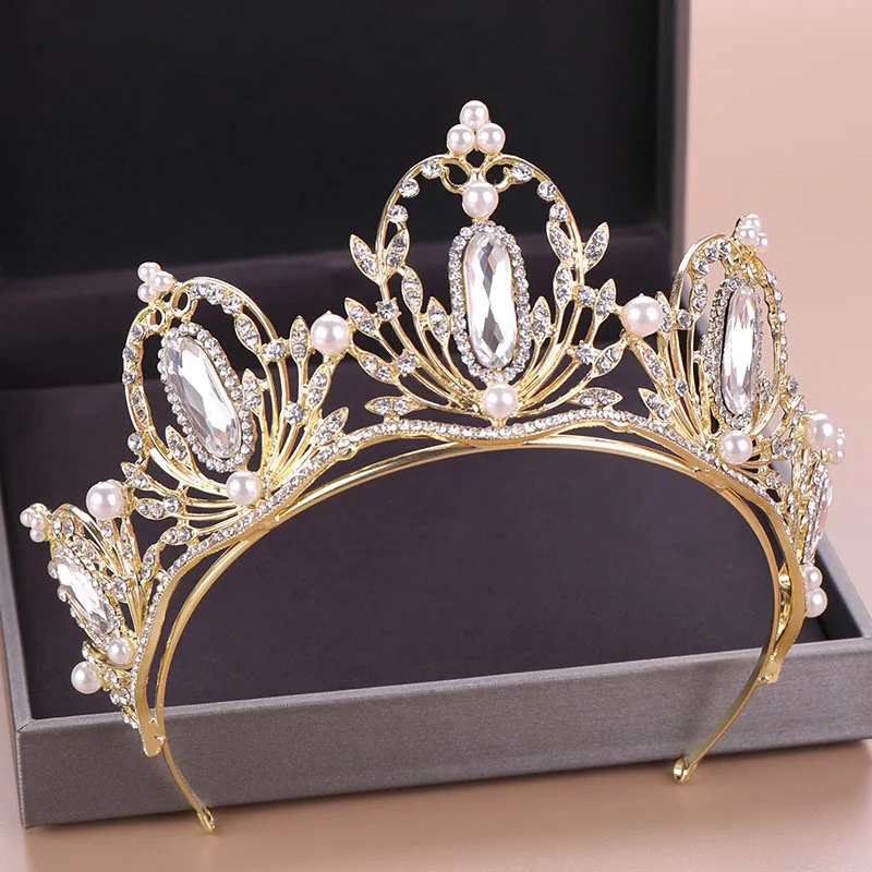 Gold Leaves Crystal Simulated Pearls Baroque Tiara Crown Princess Queen Pageant diadema Bride Wedding Hair Decorative Jewelry | Украшения и
