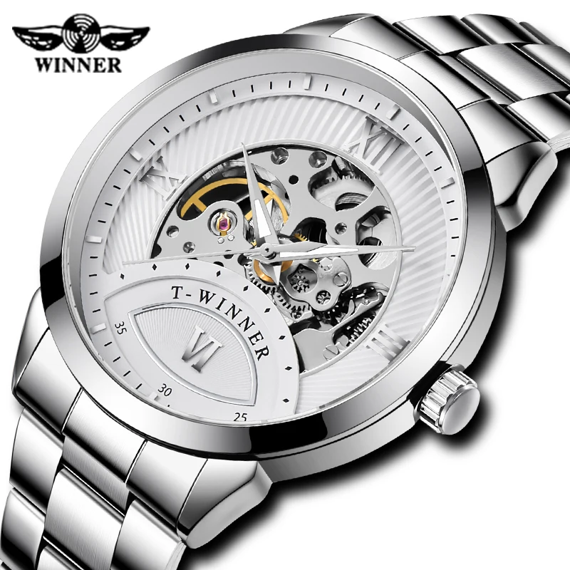 

Fashion WINNER Men Automatic Watch Mechanical Skeleton Business Silver Stainless Steel Luminous Hands Watches Relogio Masculino