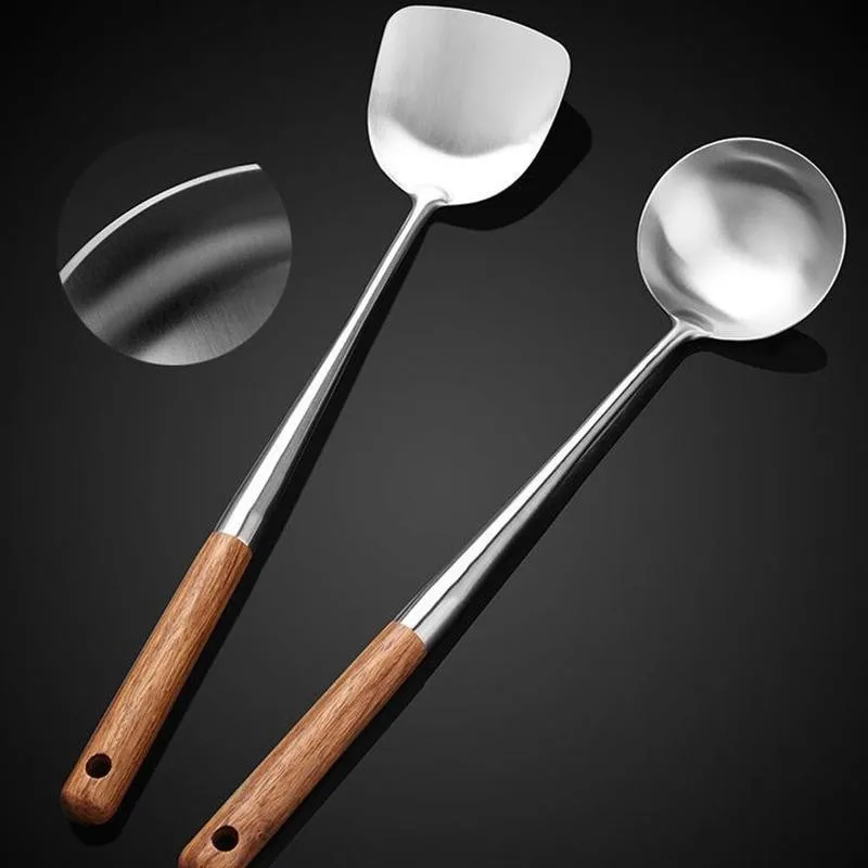 Steel Kitchen Wok Spatula Spoon Chinese Cooking Tool Wooden Handle