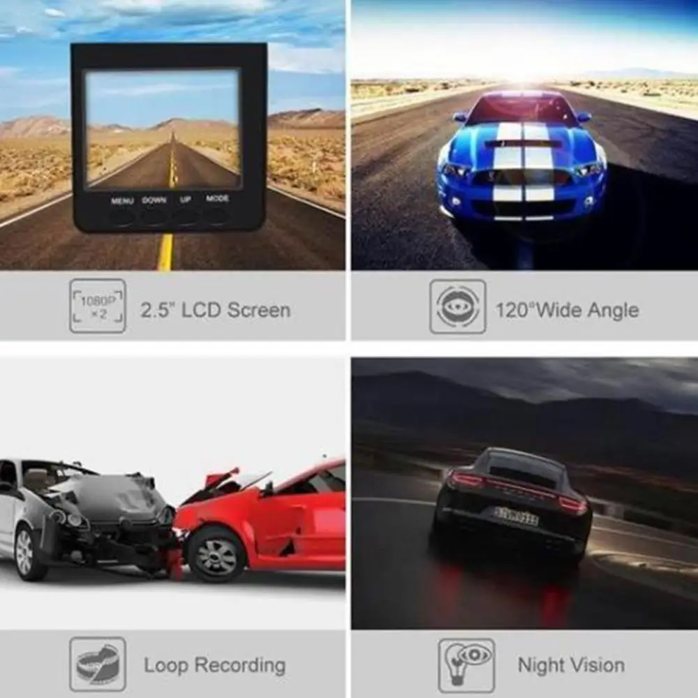 Камера Dash Cam HD Автомобильный видеорегистратор 2,4 дюймов 1080P HD Dashcam Автомобильная камера рекордер широкий угол ночного видения Видеокамера экран Dash Cam камера