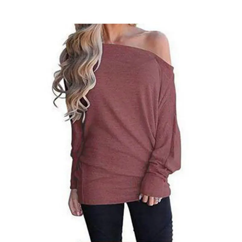 

2019 autumn women T Shirt solid knit oblique off shoulder Tops long sleeve bat sleeve T-shirt Casual Tshirt Women Clothes