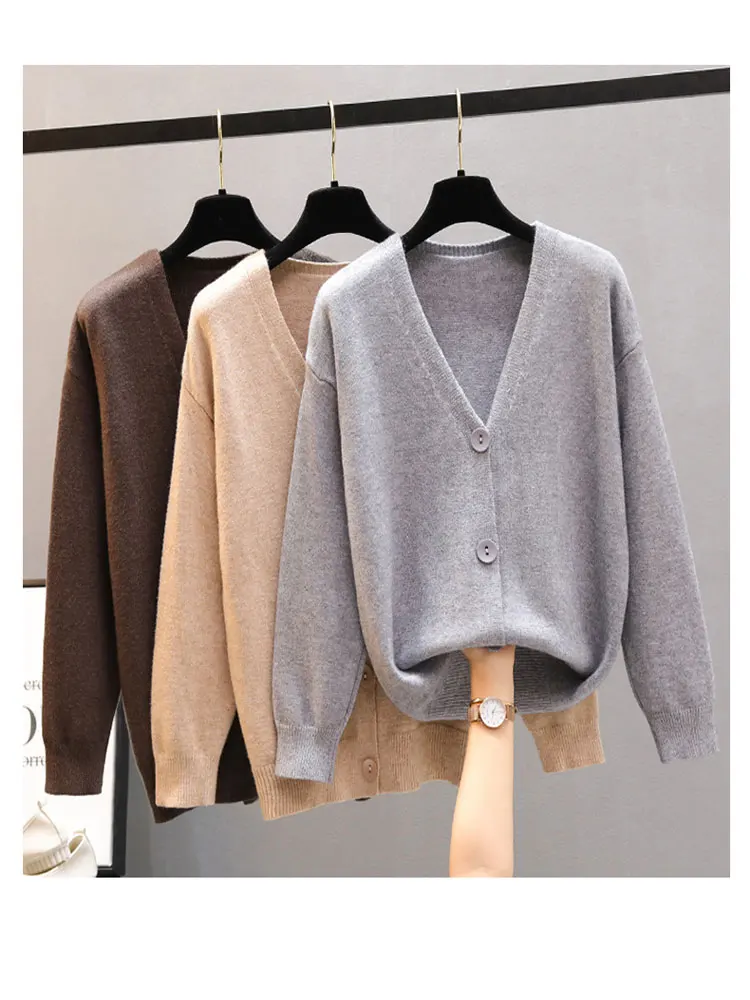 

2020 Autumn nd Winter new Women's knitted Solid Color Buttons Korean Loose top V-Neck Fashion Temperament Sweater Cardigan