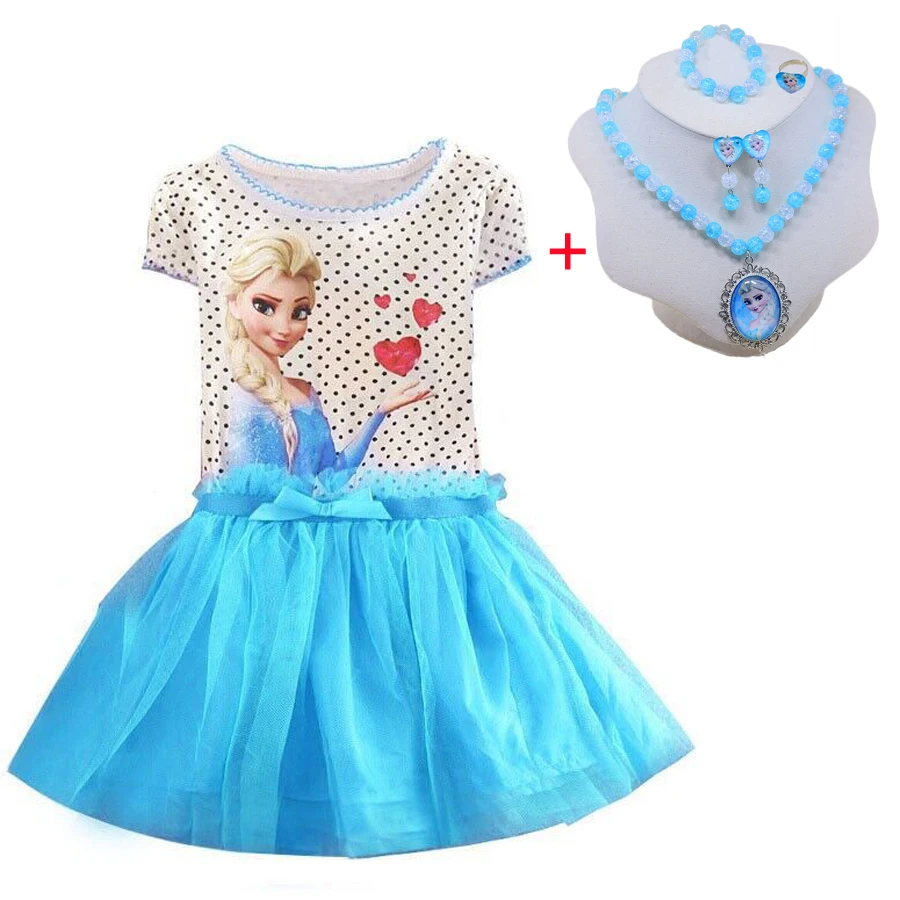 

New Kids Elsa Dress Snow Queen Summer Girl Anna Dress+ 5pcs Disney Cartoon Necklace+bracelet+ring+clip Earring Doll Accessories