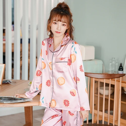 Осенняя Шелковая пижама WAVMIT с длинными рукавами, комплект из двух предметов, женская пижама, пикантная сорочка для женщин, комплект для сна - Цвет: C Q 294fen
