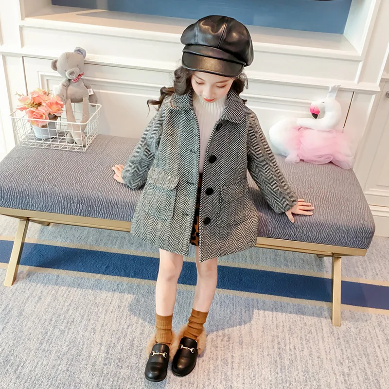 Детское шерстяное пальто высокого качества для девочек осенне-зимняя Корейская длинная однобортная утепленная верхняя одежда для детей от 2 до 8 лет, новая одежда для малышей