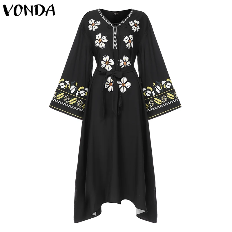 VONDA Summer Autumn Maxi Dress Sexy V Neck Long Sleeve Vintage Printed Maternity Dresses Party Bohemian Vestidos