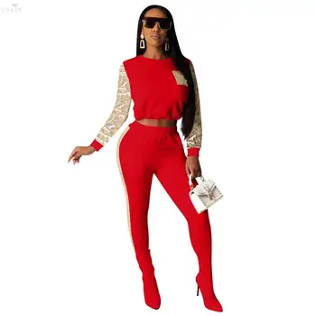 

Tracksuit Women Set Suit Full Sleeve Sequined Two Piece Set Top And Pants Night Sexy Sweatsuit Club Outfits Sportwear Women Set