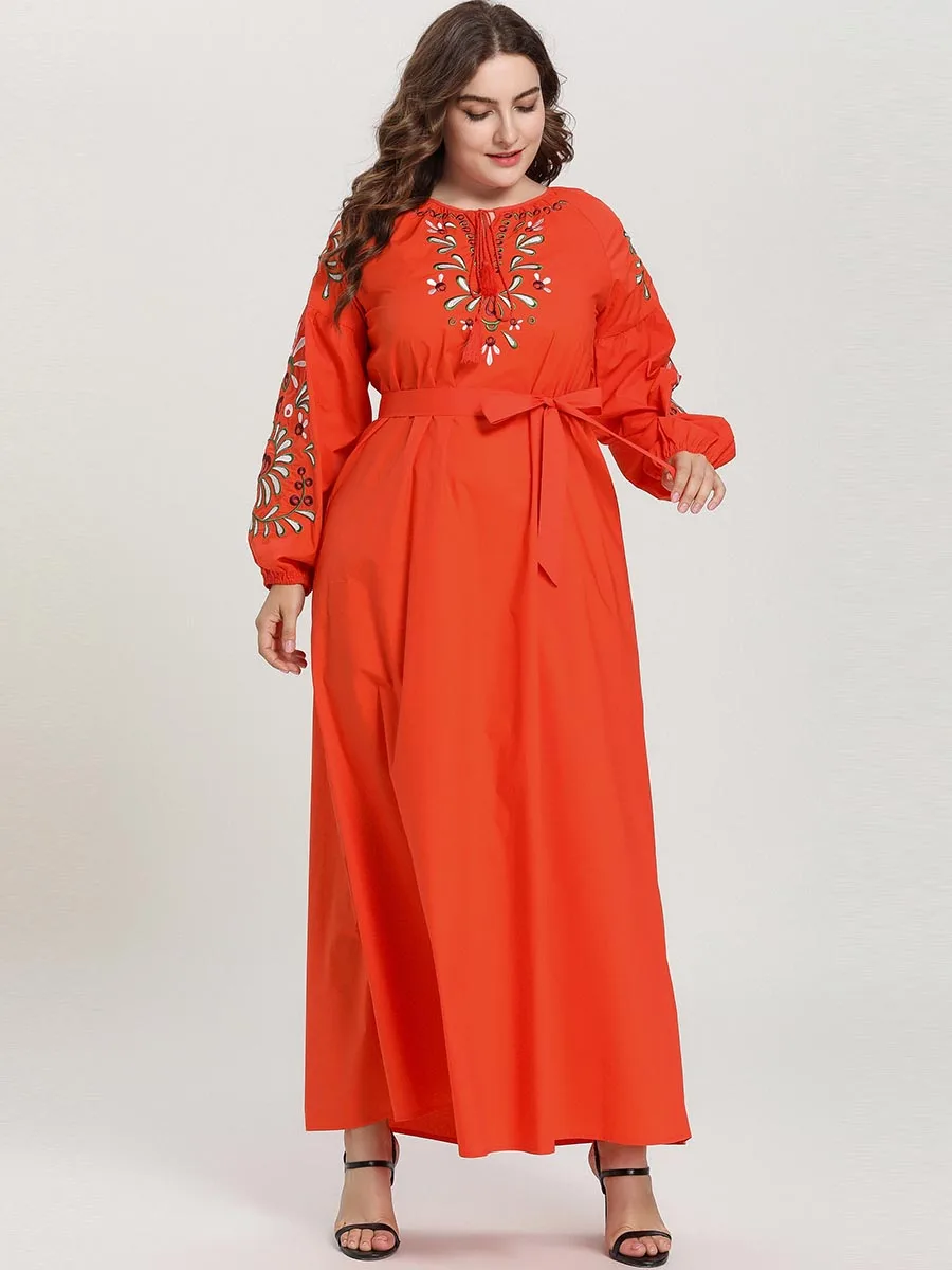 BNSQ Плюс Размер Повседневная круглая шея хлопок спиннинг Tencel листья вышитая лампа Платье макси с длинным рукавом исламский Турция