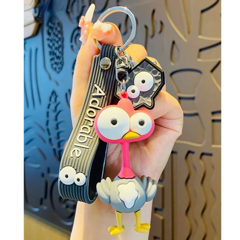 PVC Popping Eyed Animal Metal Keychain Ostrich Grey Pink Pendant Cute Bag Car Keyring Jewelry Lanyard Men Women Couple Gift