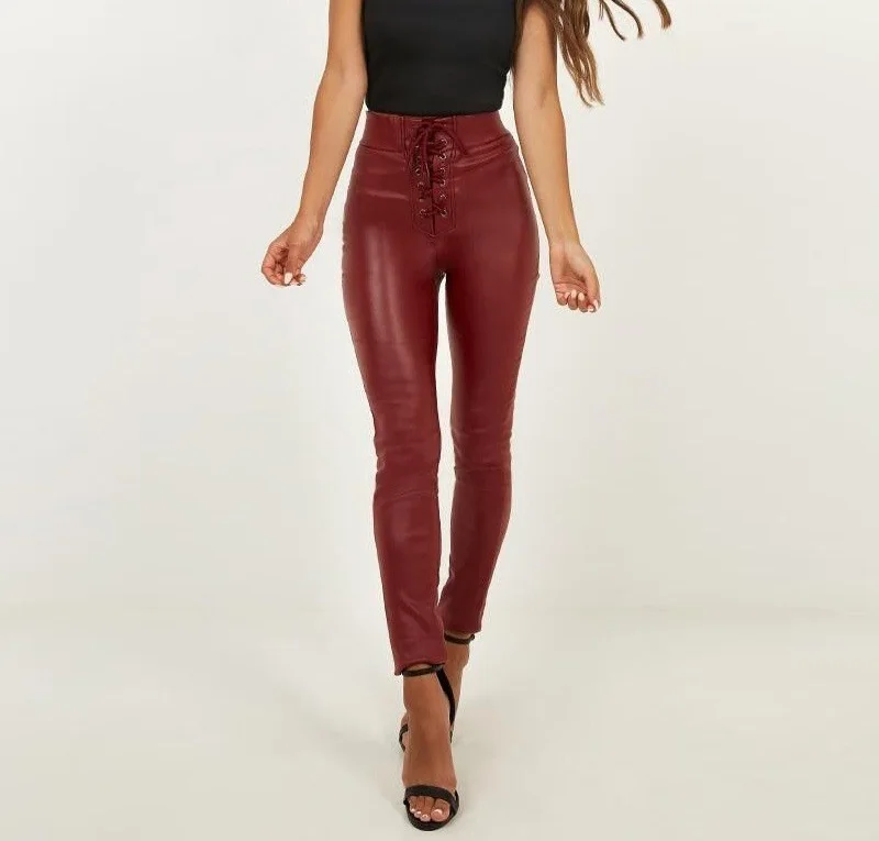 Wine Red High Waist Faux Leather Pants 