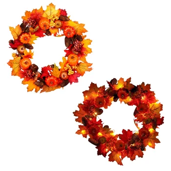 

Simulation Maple Leaf Decorative Wreath New Pumpkin Pinecone Autumn Rattan Ring Christmas Commodities With And Without Lights