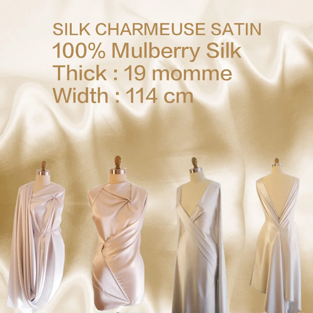 

[Акция] распродажа, 100% шелк, шармёз, сатин, ширина 114 см, 19 Момми, чистый шелк тутового шелкопряда, ткань для свадебного платья из Китая