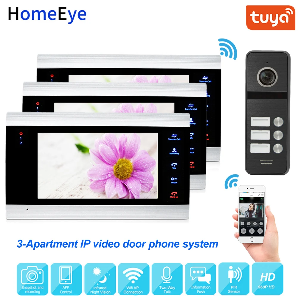 Black Tuya Smart приложение Поддерживаемые IP видео-телефон двери Wi-Fi видео домофон 3-квартиры 960P HD камеры безопасности Система контроля доступа Водонепроницаемый - Цвет: Black